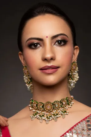 Mysha White Kundan with Green Meenakari Choker & Earrings