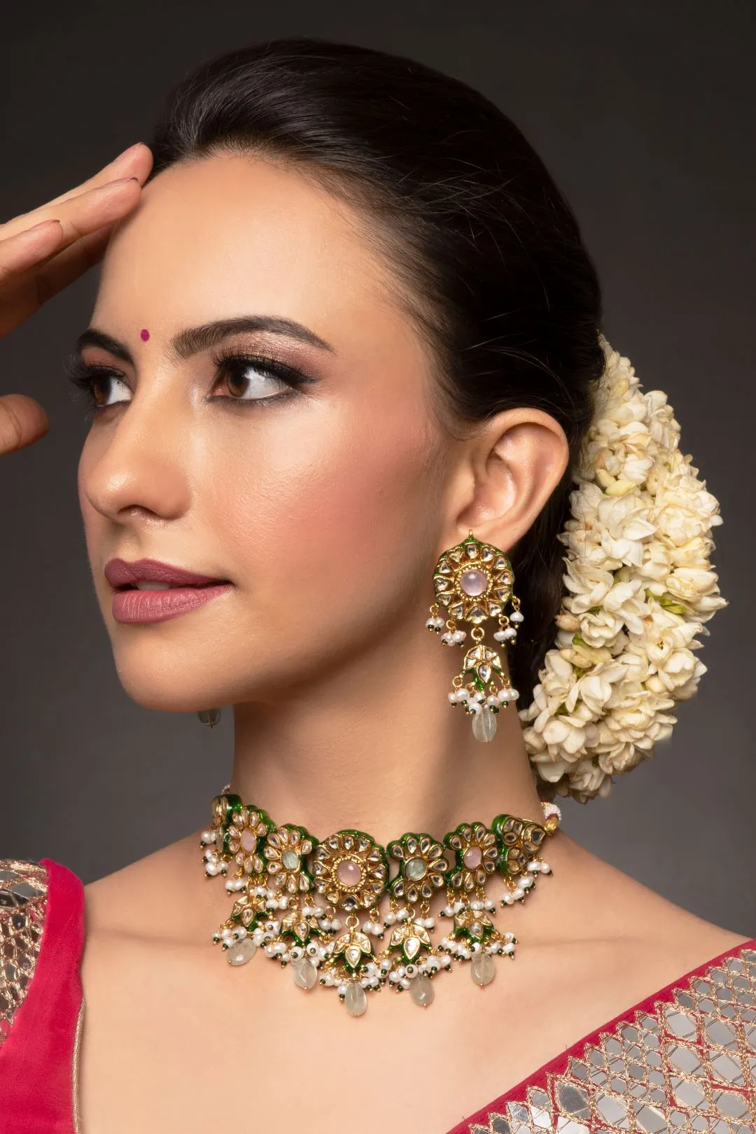Mysha White Kundan with Green Meenakari Choker & Earrings