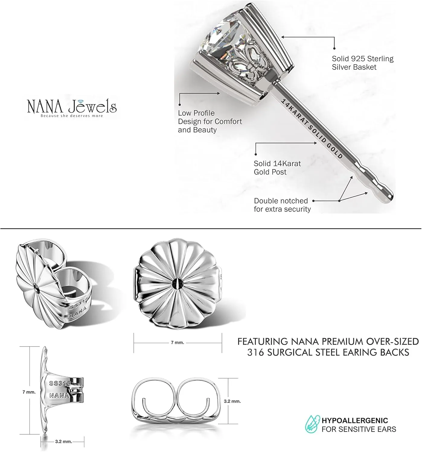 NANA Jewels Cushion Cut Simulated Diamond Stud Earrings 14K Solid Gold Post & Sterling Silver -0.60ctw-4.00ctw CZ