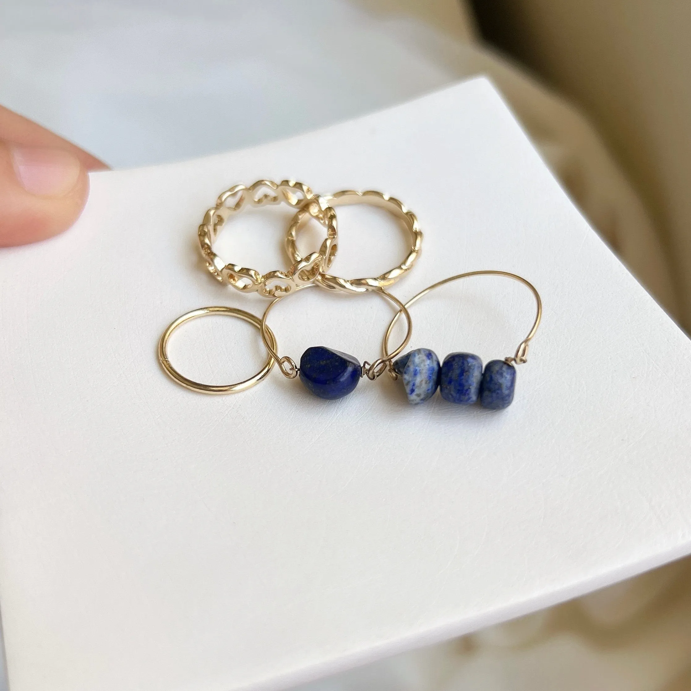 Natural Stone Stackable Ring Set, Natural Stone 5 Pieces Stacked Ring Set, Boho Style Multiple Finger Rings