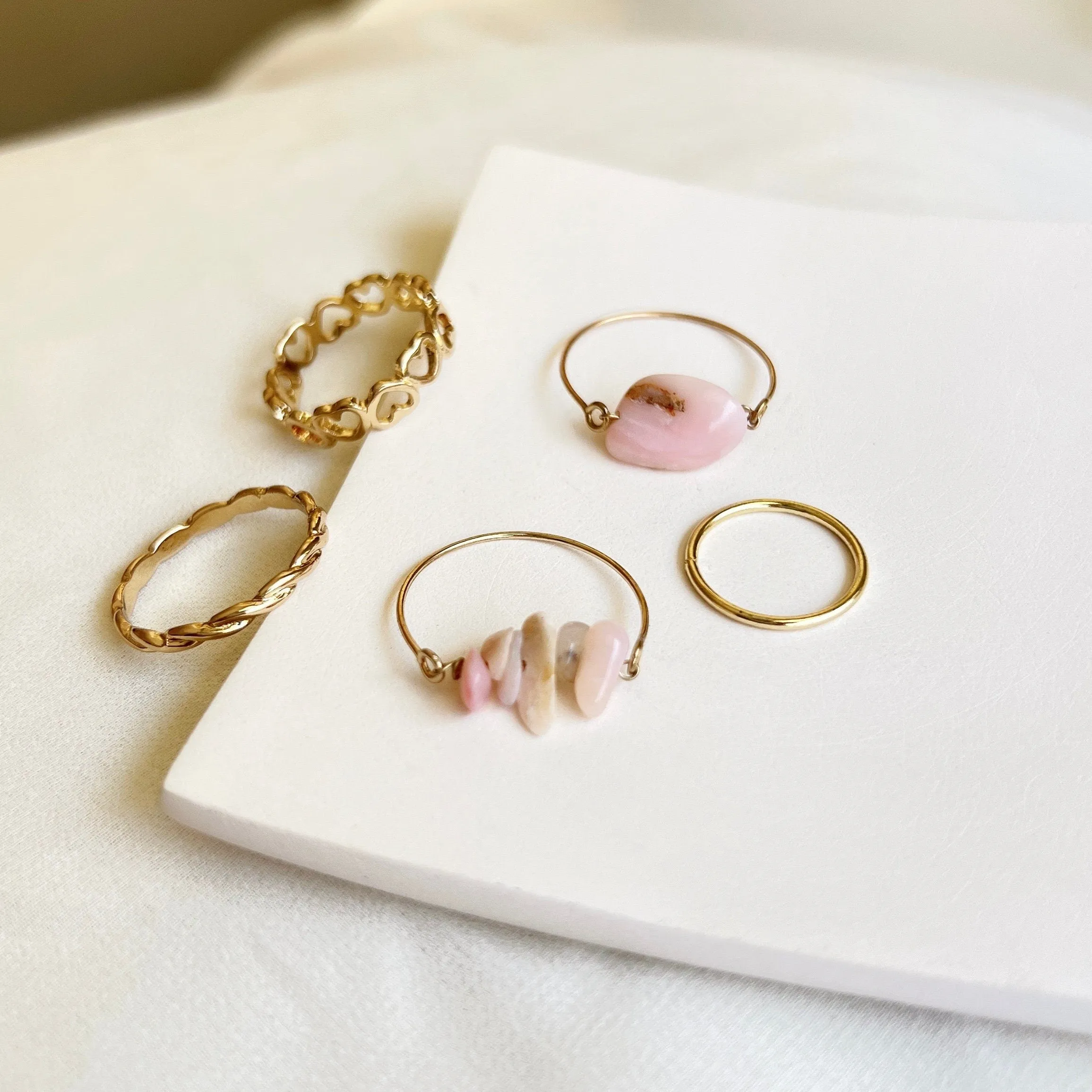 Natural Stone Stackable Ring Set, Natural Stone 5 Pieces Stacked Ring Set, Boho Style Multiple Finger Rings