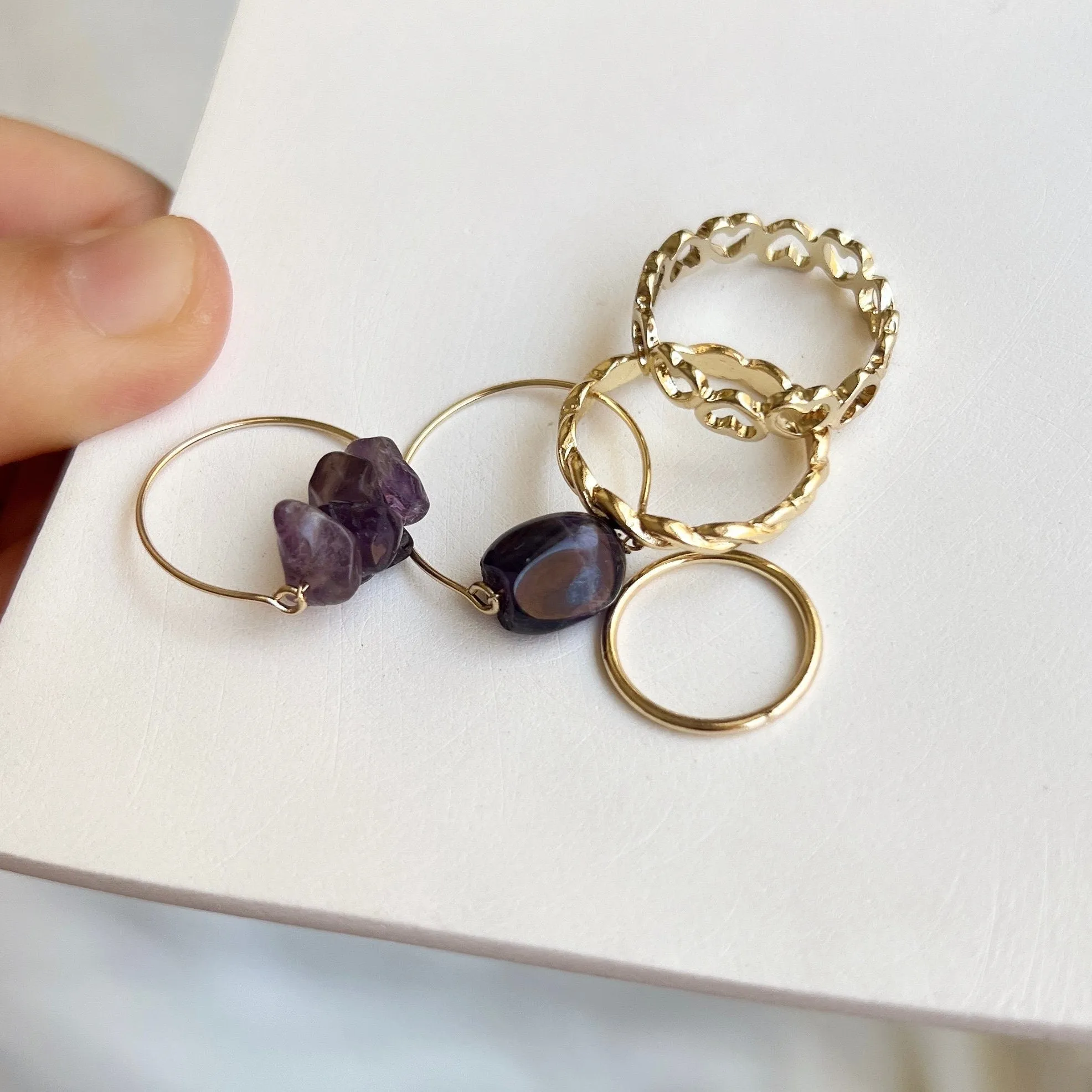 Natural Stone Stackable Ring Set, Natural Stone 5 Pieces Stacked Ring Set, Boho Style Multiple Finger Rings