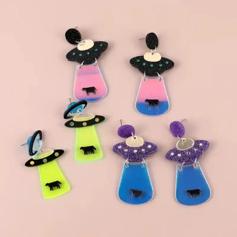Neon Spaceship Alien Acrylic Drop Dangle Earrings