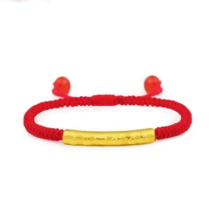 New Arrival Real 24k Yellow Gold Unisex Luck Six-word Motto Red Weave Bracelet