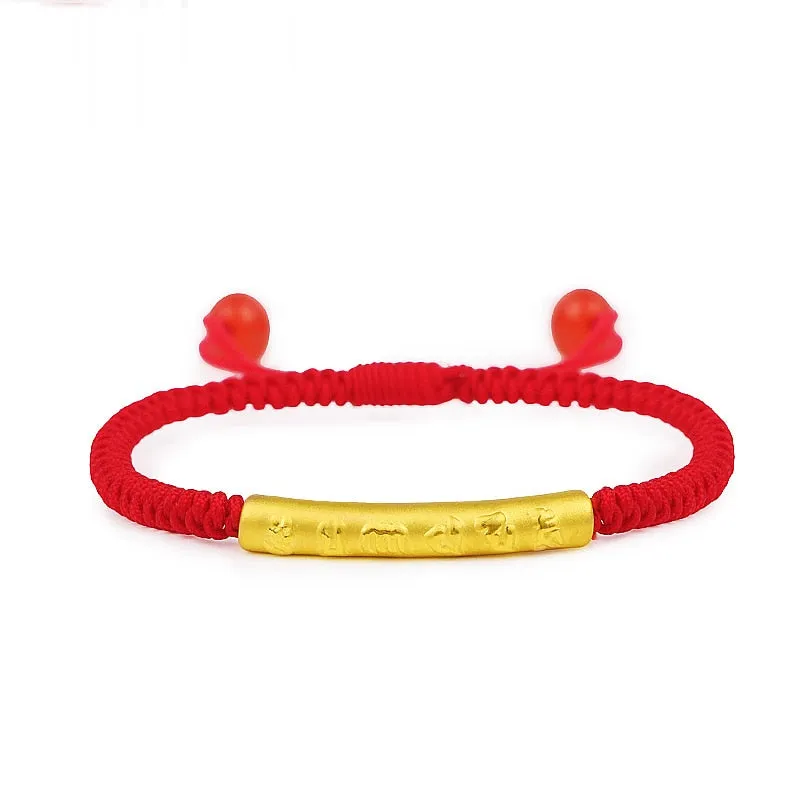 New Arrival Real 24k Yellow Gold Unisex Luck Six-word Motto Red Weave Bracelet