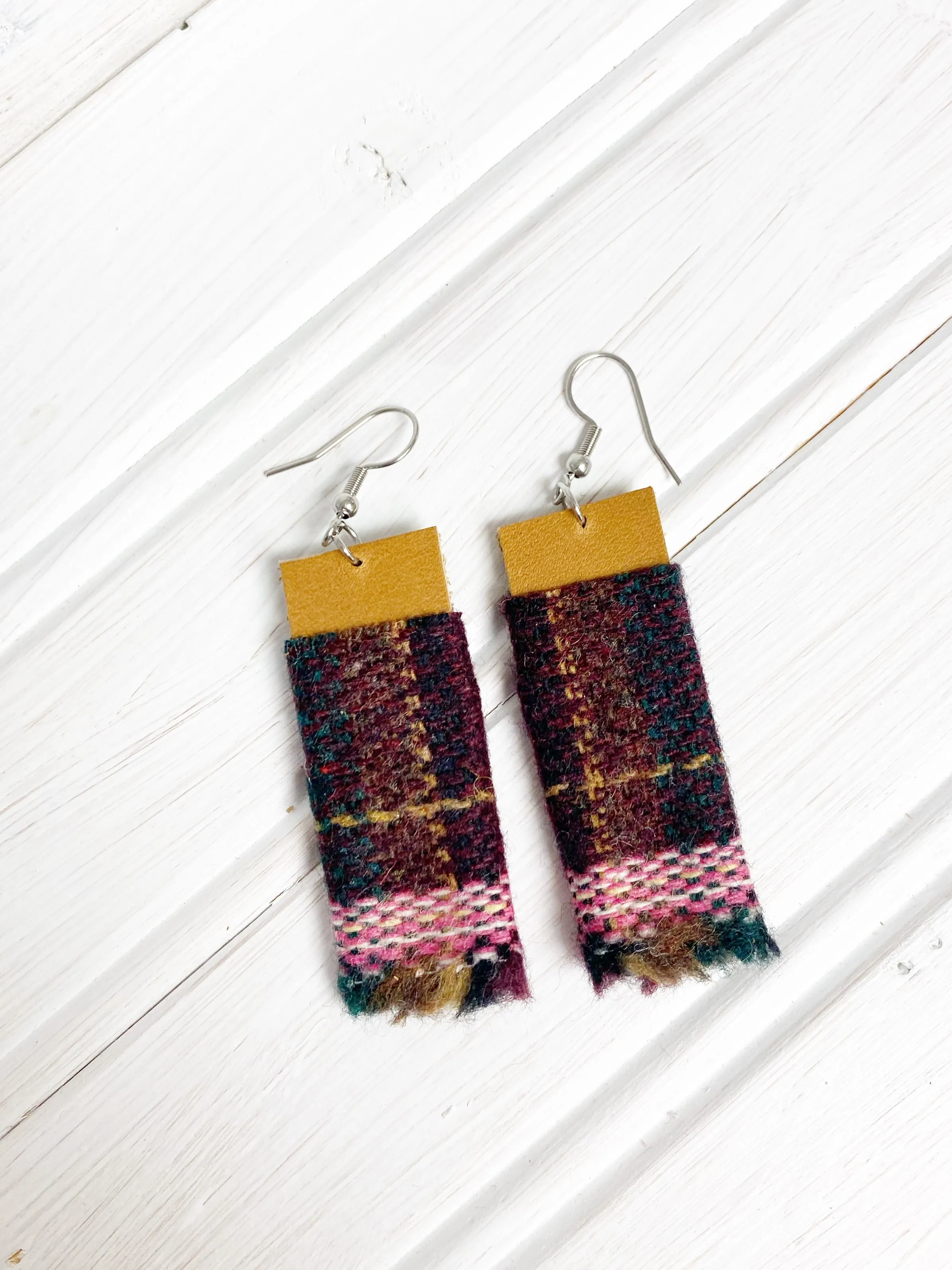 NEW! Eco Friendly WOOL Maroon Leather Earrings, Upcycled Earrings, Gift for Her