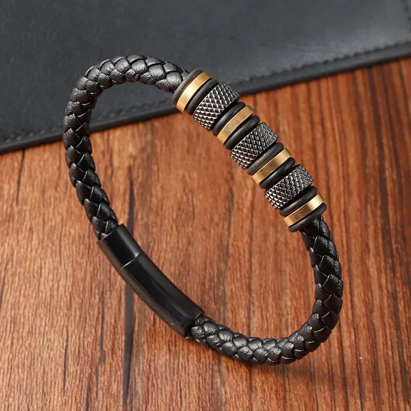 New Style Men’s Braided Leather Bracelet with Stainless Steel Beads – Trendy Punk Jewelry