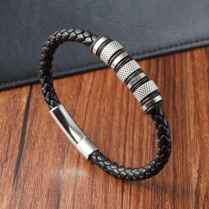 New Style Men’s Braided Leather Bracelet with Stainless Steel Beads – Trendy Punk Jewelry