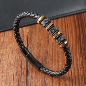 New Style Men’s Braided Leather Bracelet with Stainless Steel Beads – Trendy Punk Jewelry