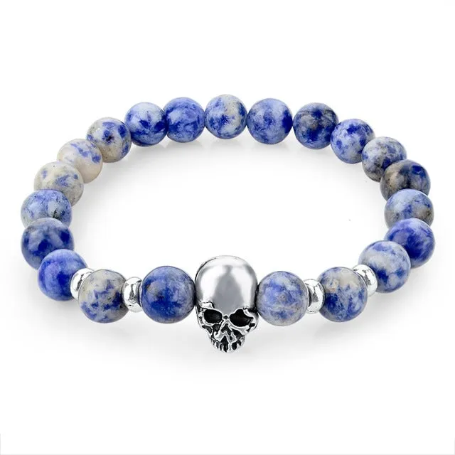 Newest 8mm Natural Stone Skull Bracelets & Bangles For Women Lava Beads Elastic Bracelets for men Unisex Jewelry Accessories