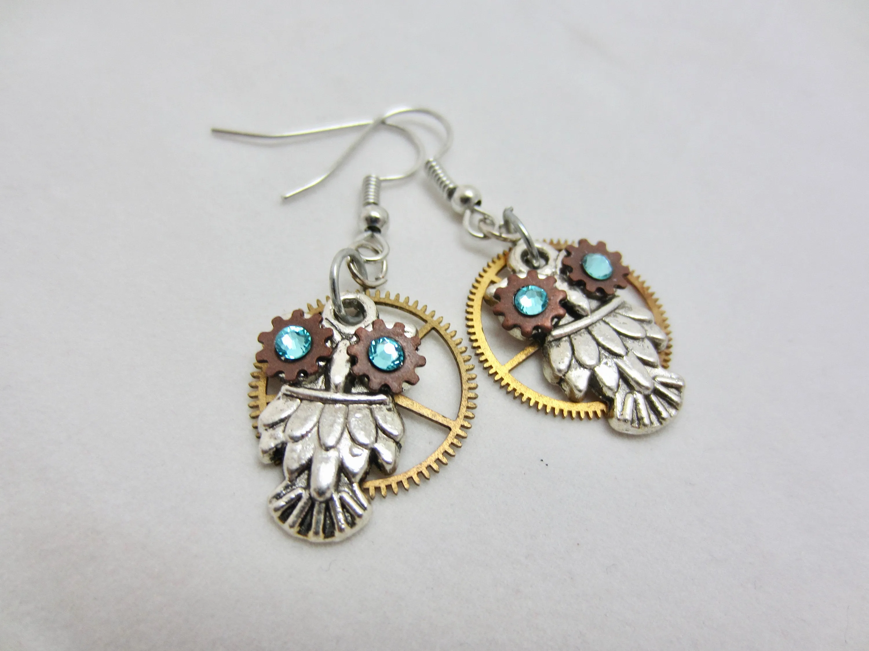 Owl Earrings, Steampunk, Unique Earrings, Weird Earrings, Dangle & Drop, Lightweight Earrings, Cool Earrings, Turquoise