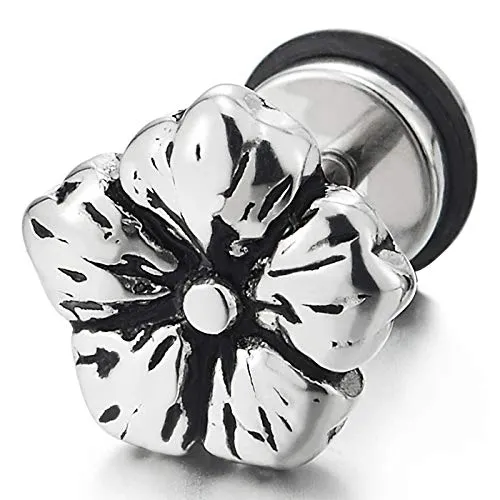 Pair Womens Vintage Puff Flower Stud Earrings of Stainless Steel, Screw Back, Unique