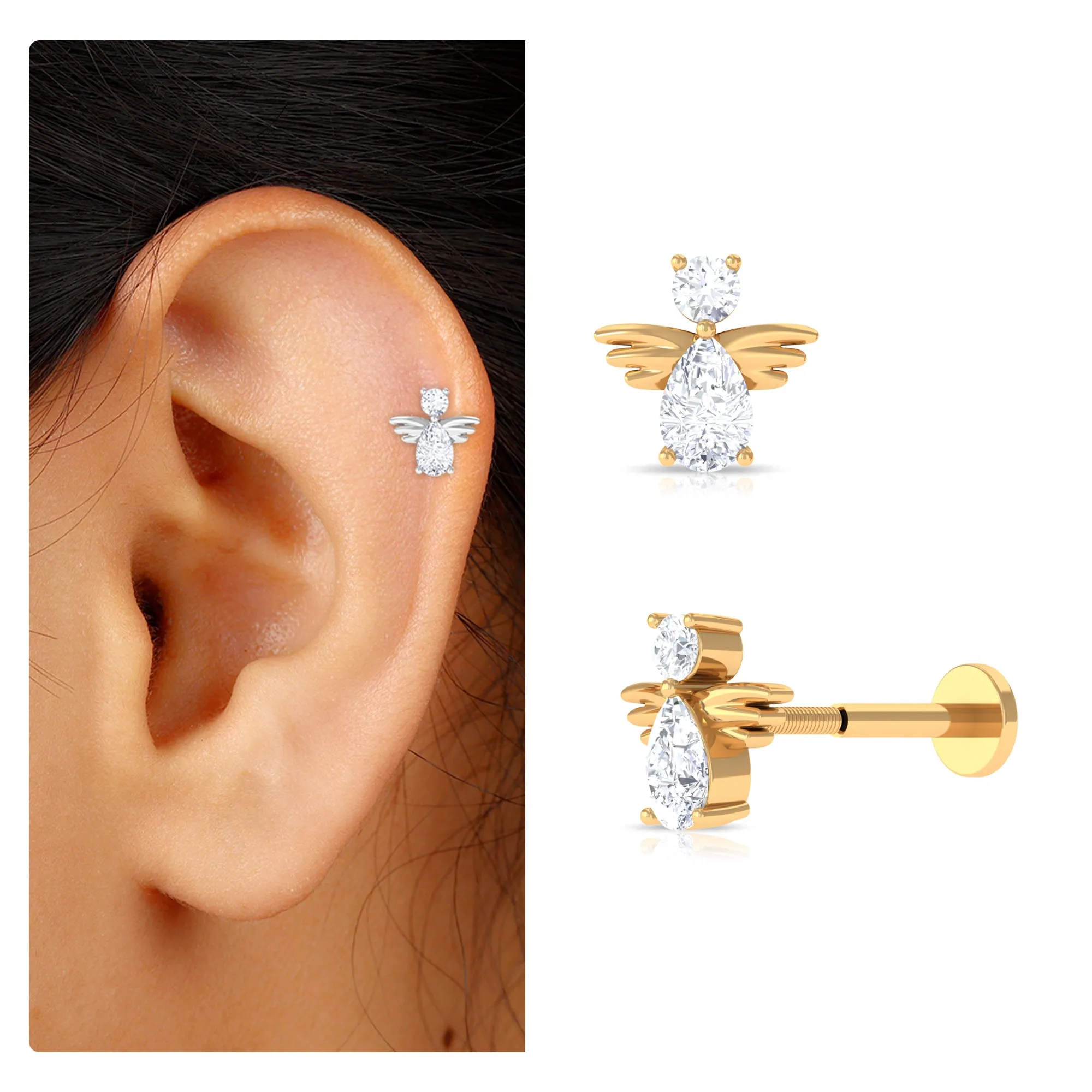 Pear and Round Moissanite Angel Cartilage Earring
