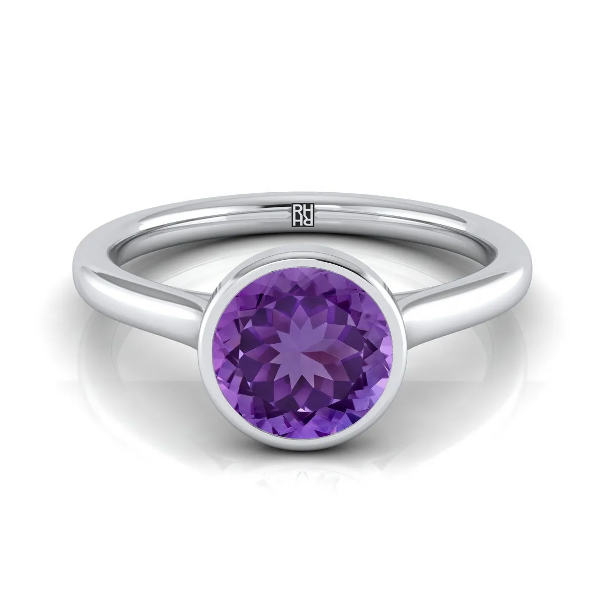 Platinum Round Brilliant Amethyst Simple Bezel Solitaire Engagement Ring