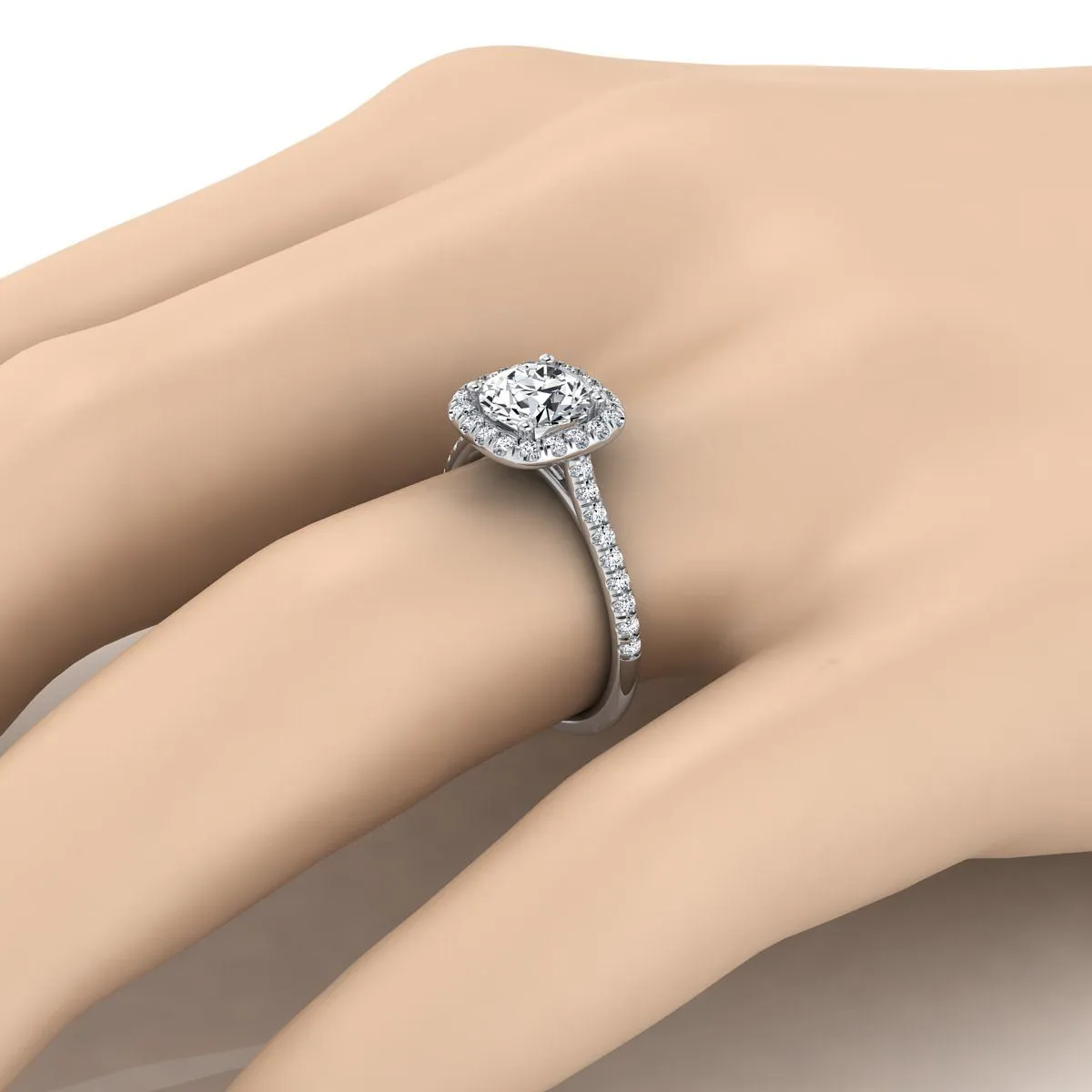 Platinum Round Brilliant Emerald Simple Prong Set Halo Engagement Ring -1/3ctw