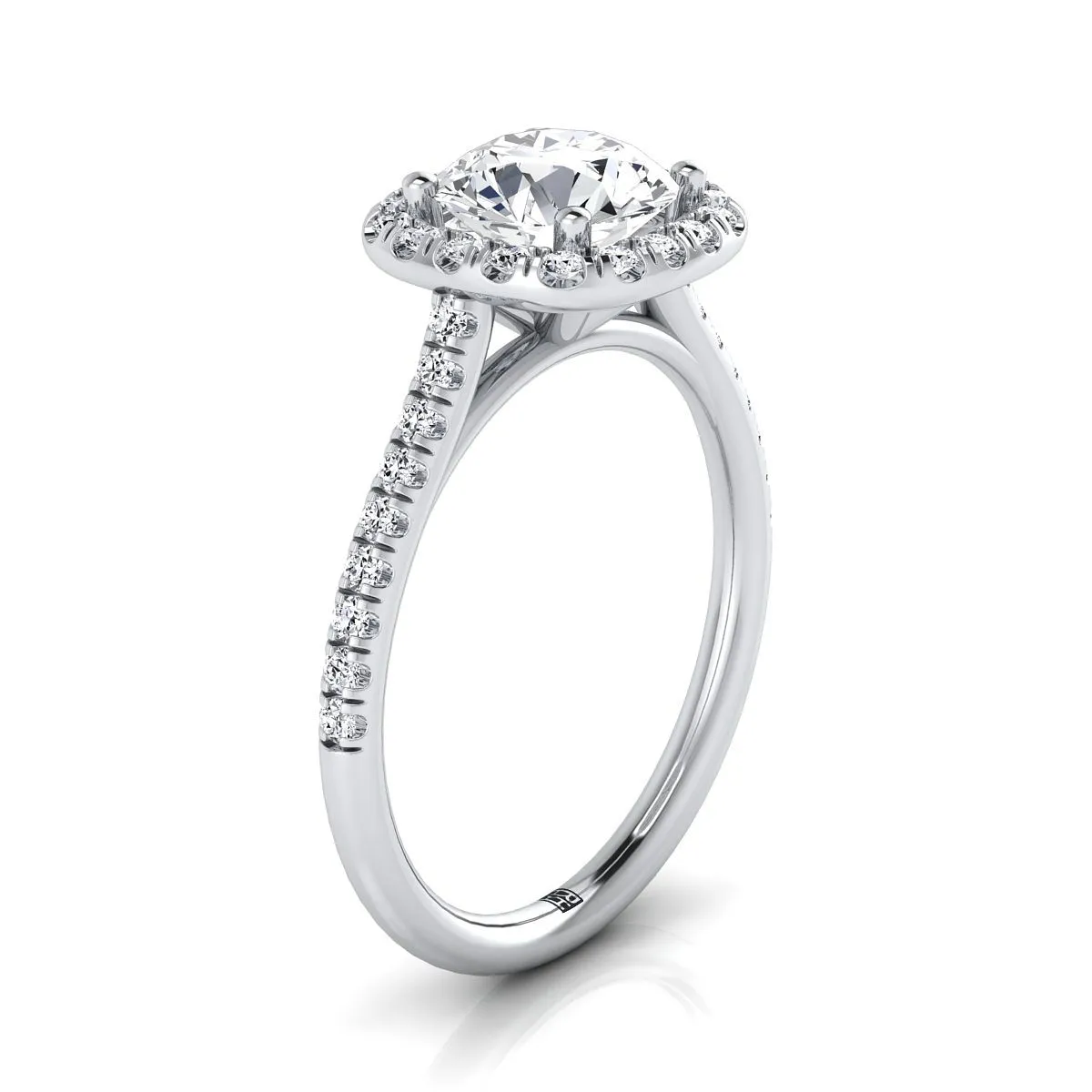 Platinum Round Brilliant Emerald Simple Prong Set Halo Engagement Ring -1/3ctw