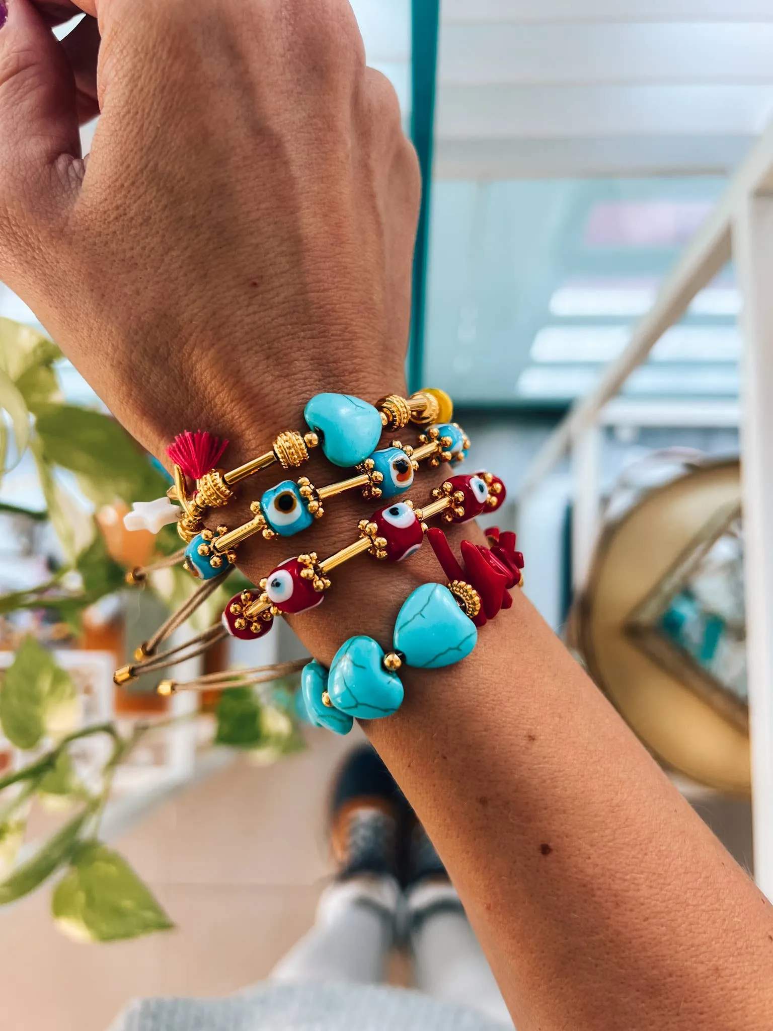 Red coral and turquoise howlite gold bracelets,eye bracelets