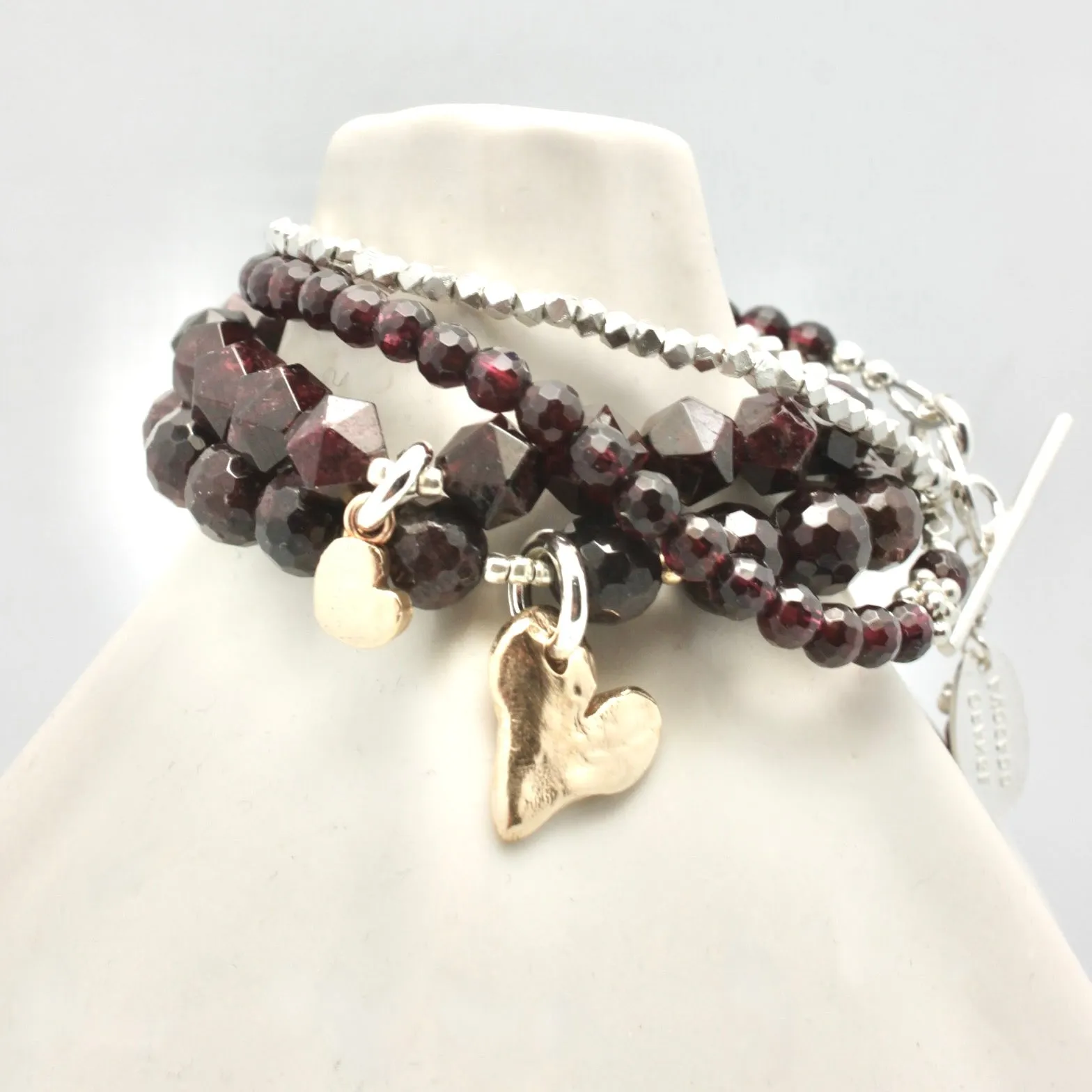 Red Garnet & Bronze Solid Heart Stretch Bracelet