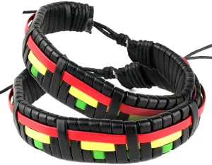 Reggae Rasta Red Green and Yellow Leather Style Unisex Round Bracelet - 2PC Set
