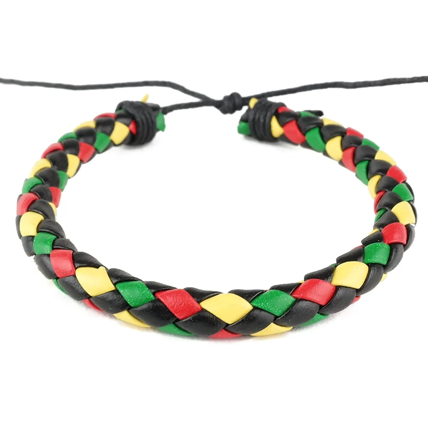 Reggae Rasta Red Green and Yellow Leather Style Unisex Round Bracelet - 2PC Set