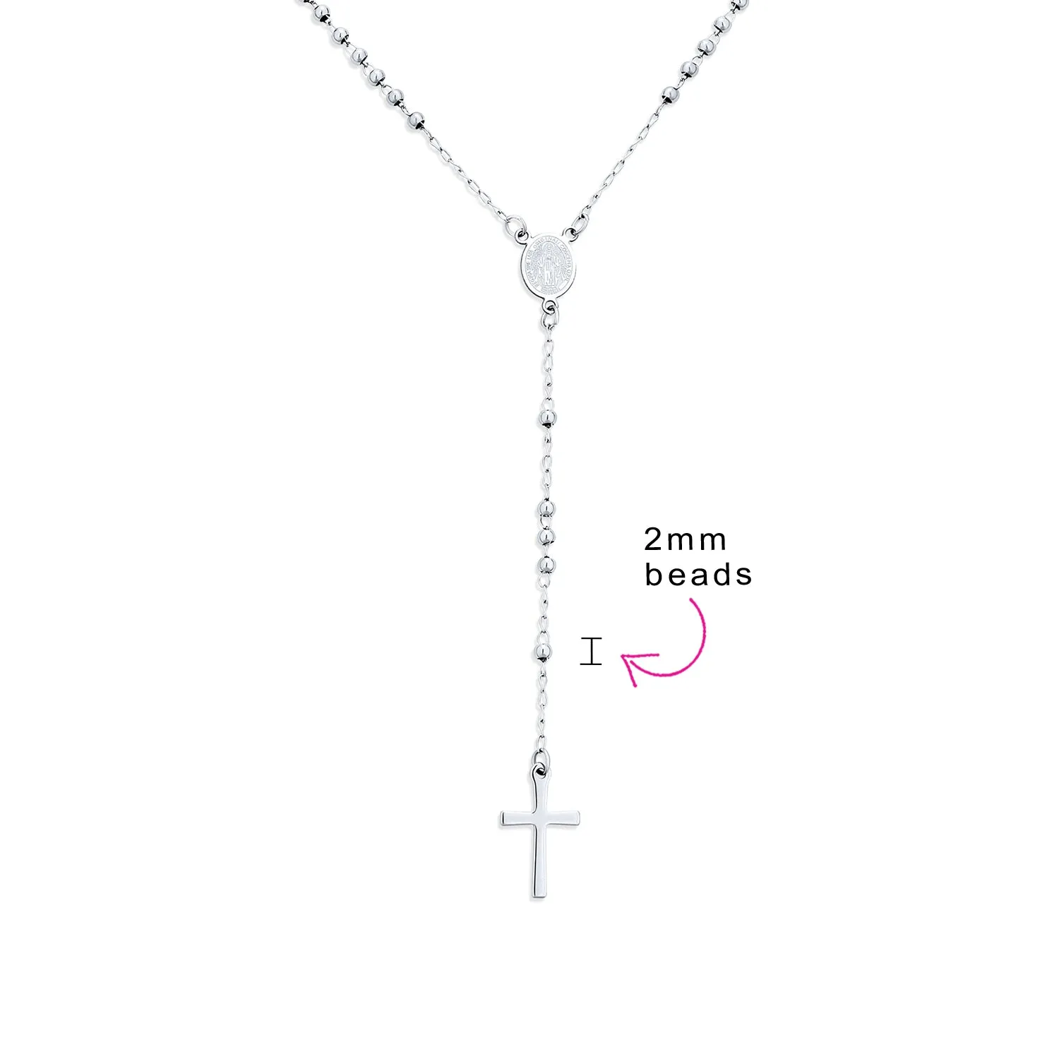 Religious Christian Drop Necklace with Virgin Mary and Cross Rosary Chain Silver Tone