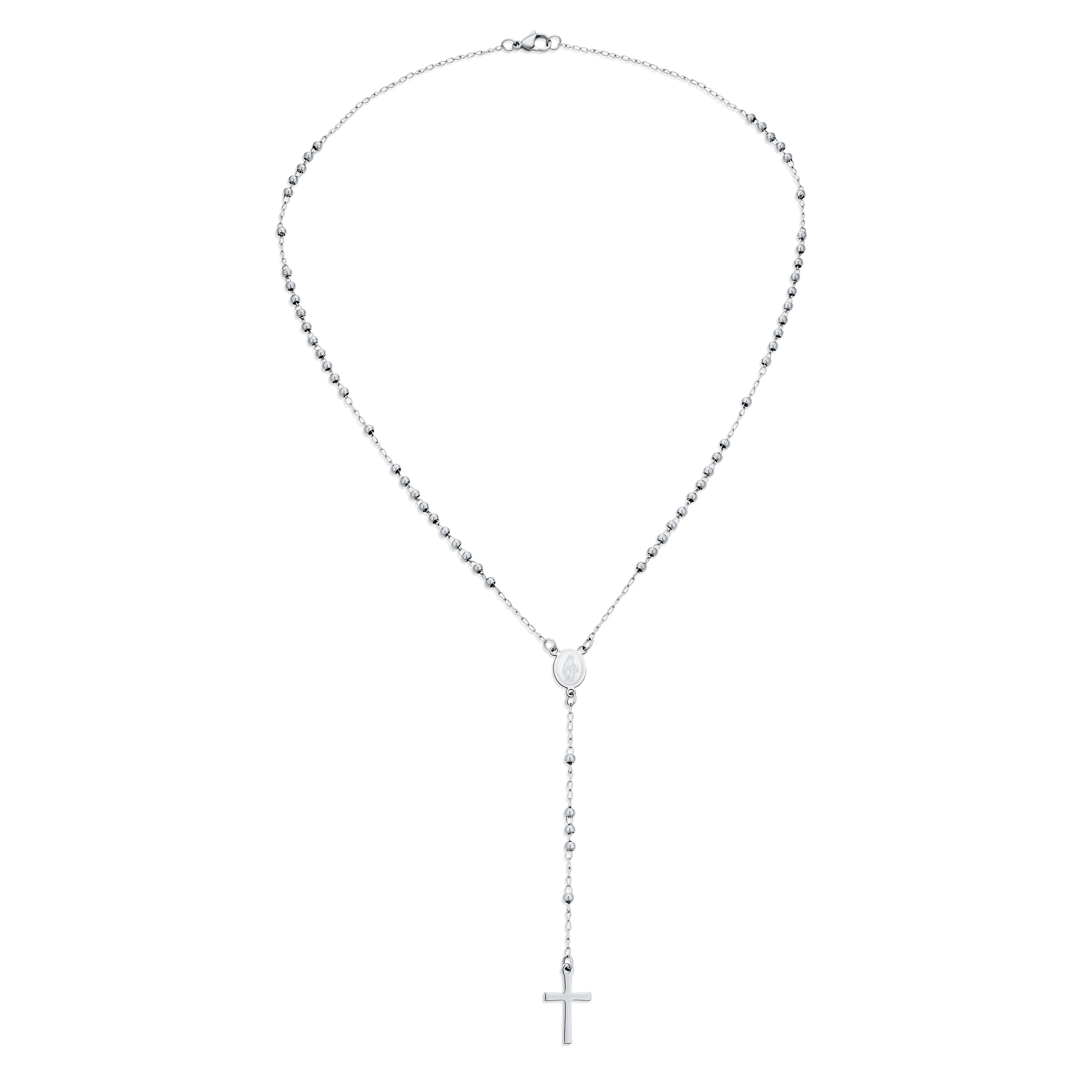 Religious Christian Drop Necklace with Virgin Mary and Cross Rosary Chain Silver Tone