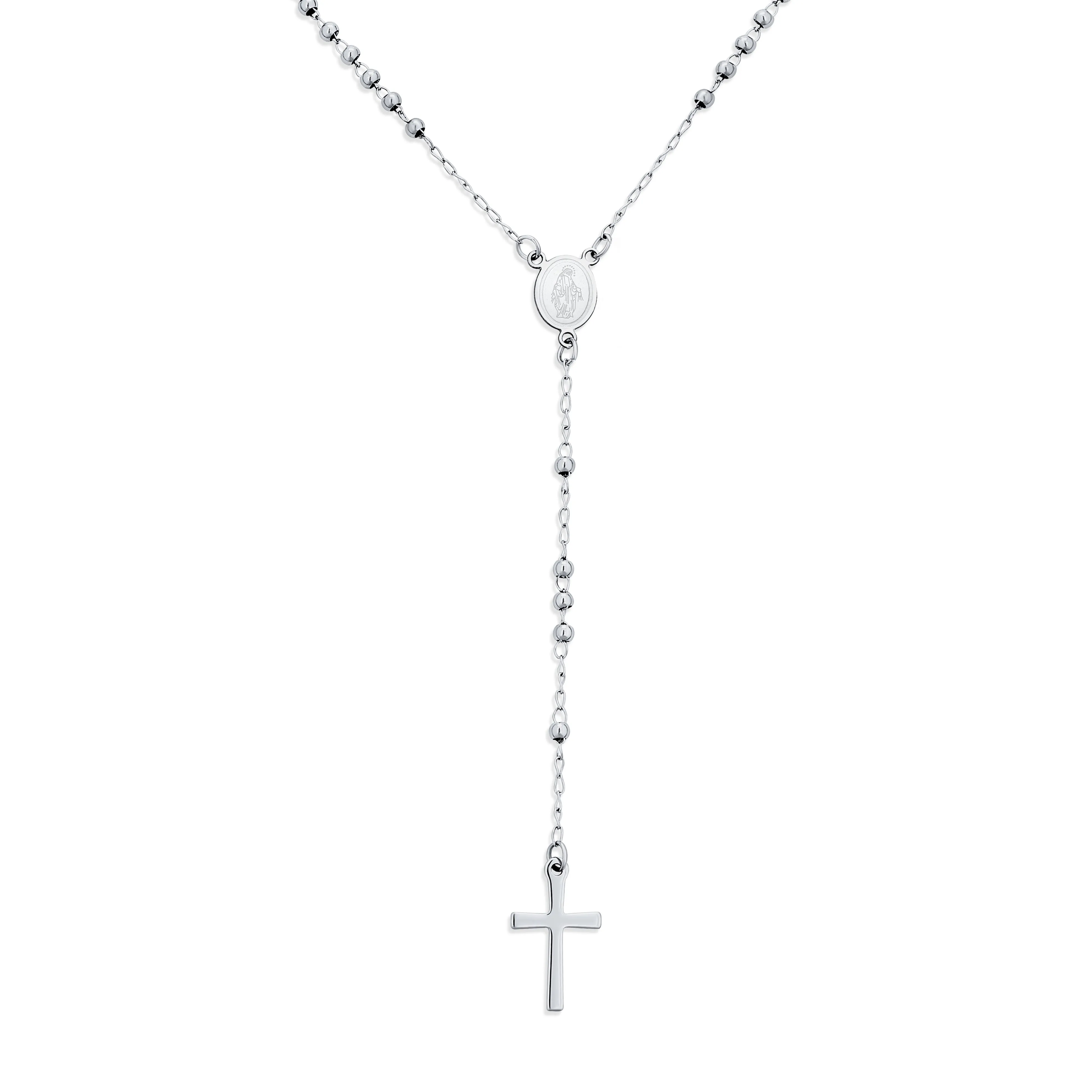 Religious Christian Drop Necklace with Virgin Mary and Cross Rosary Chain Silver Tone