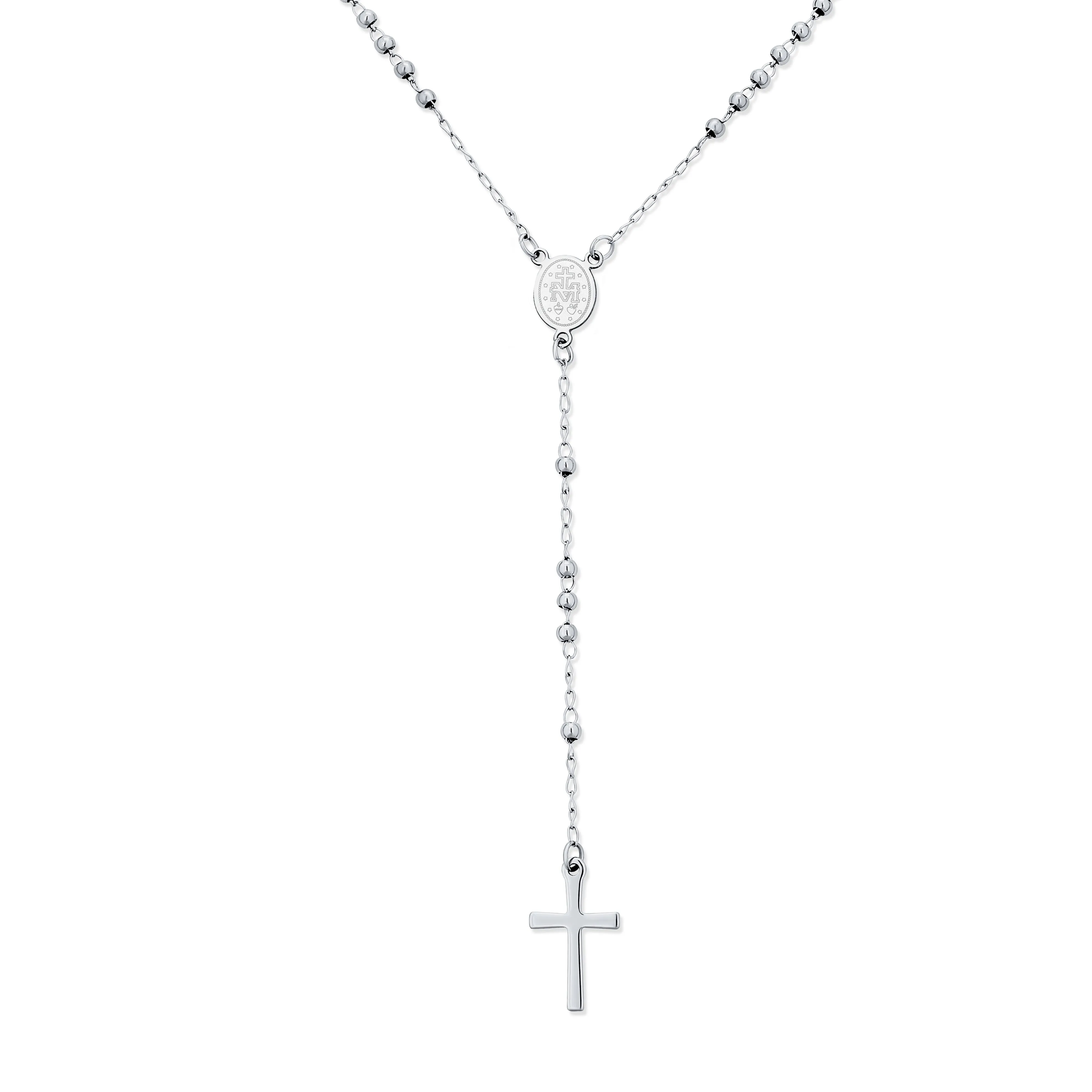 Religious Christian Drop Necklace with Virgin Mary and Cross Rosary Chain Silver Tone