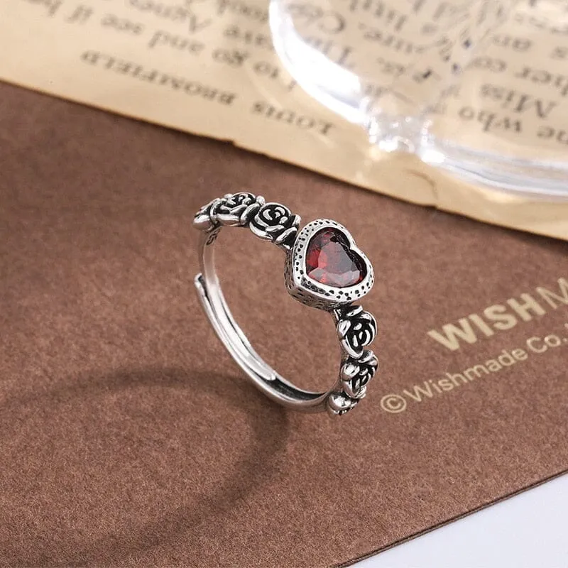 Retro Red Heart Simple Adjustable Silver Ring
