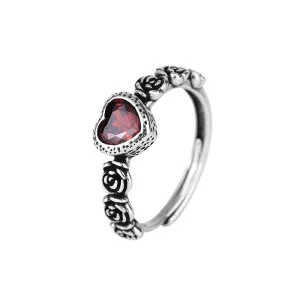 Retro Red Heart Simple Adjustable Silver Ring