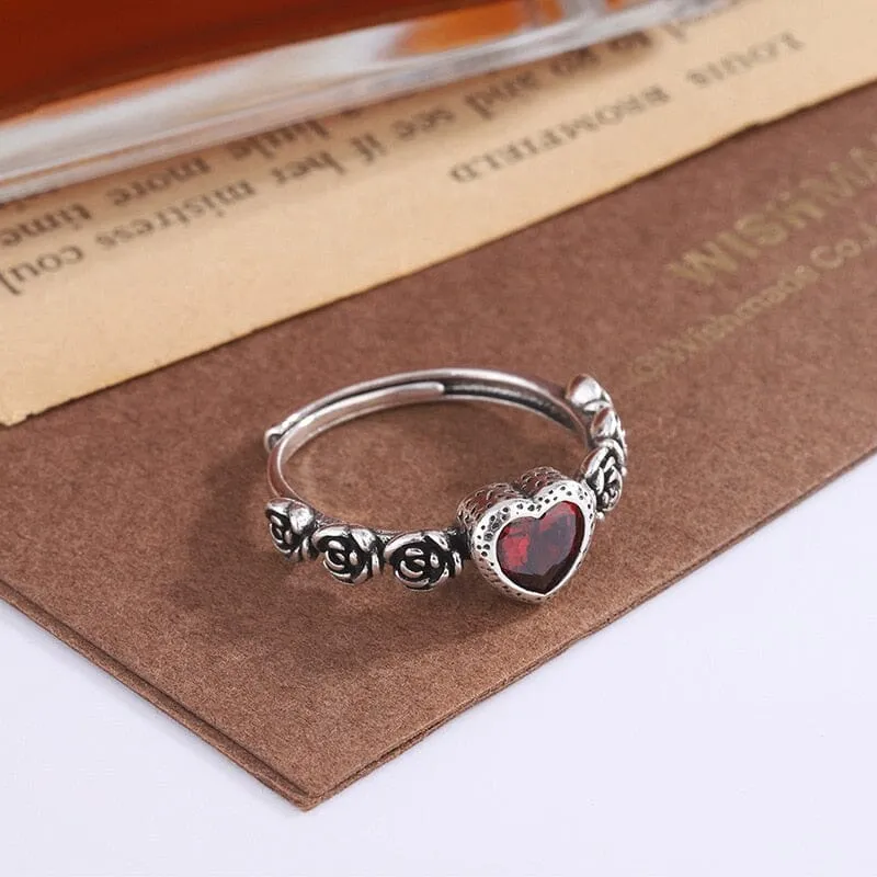 Retro Red Heart Simple Adjustable Silver Ring