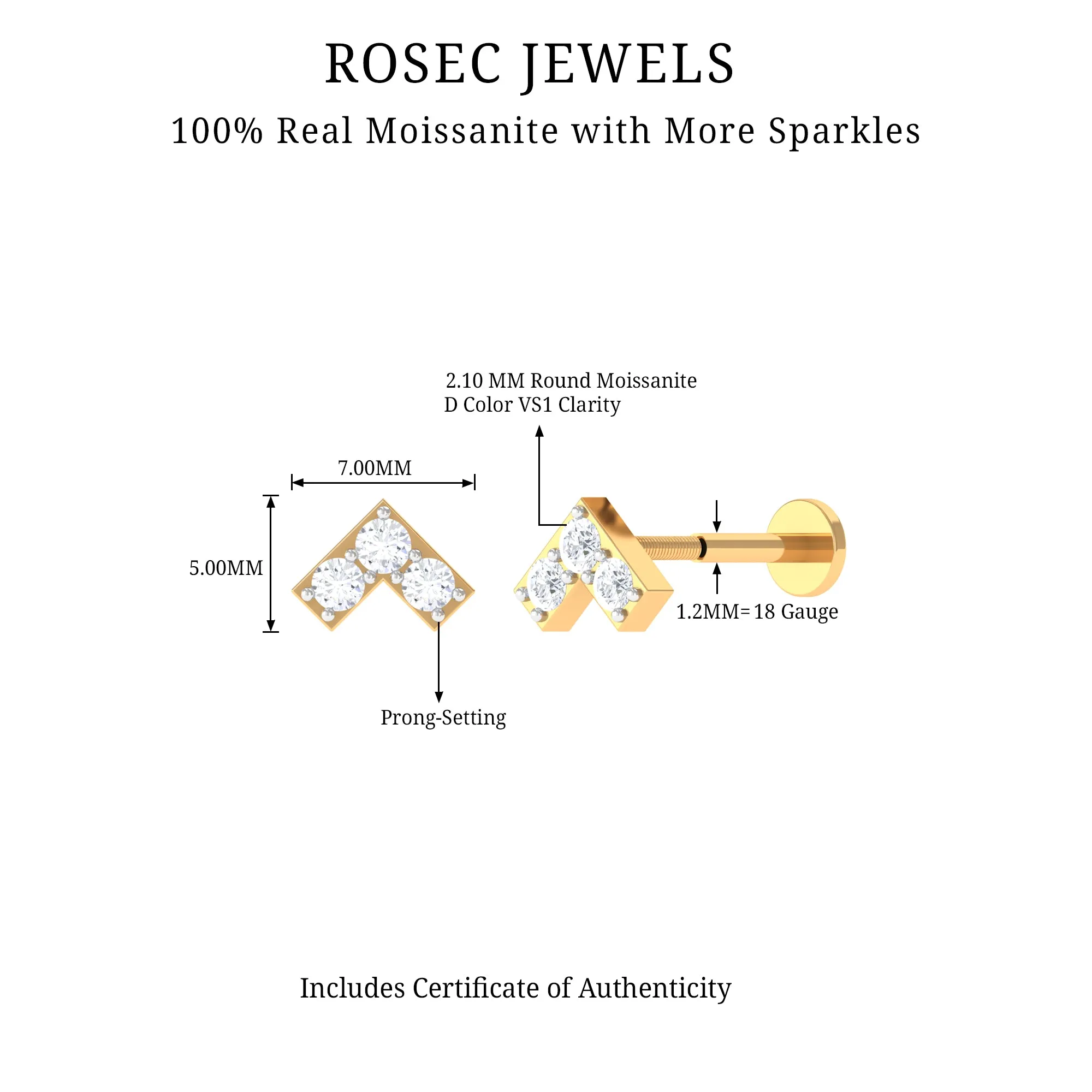 Round Moissanite Chevron Tragus Earring in Gold