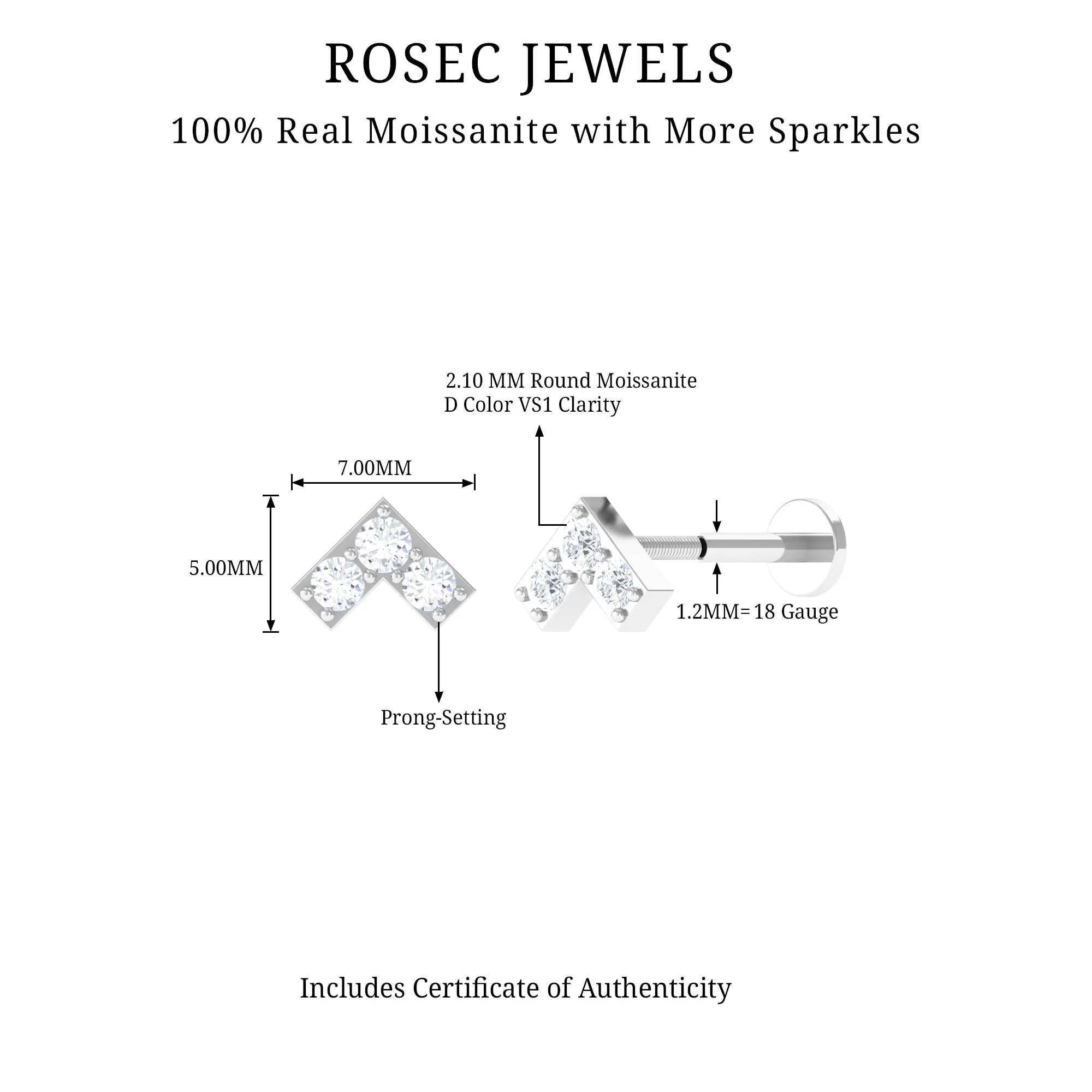 Round Moissanite Chevron Tragus Earring in Gold
