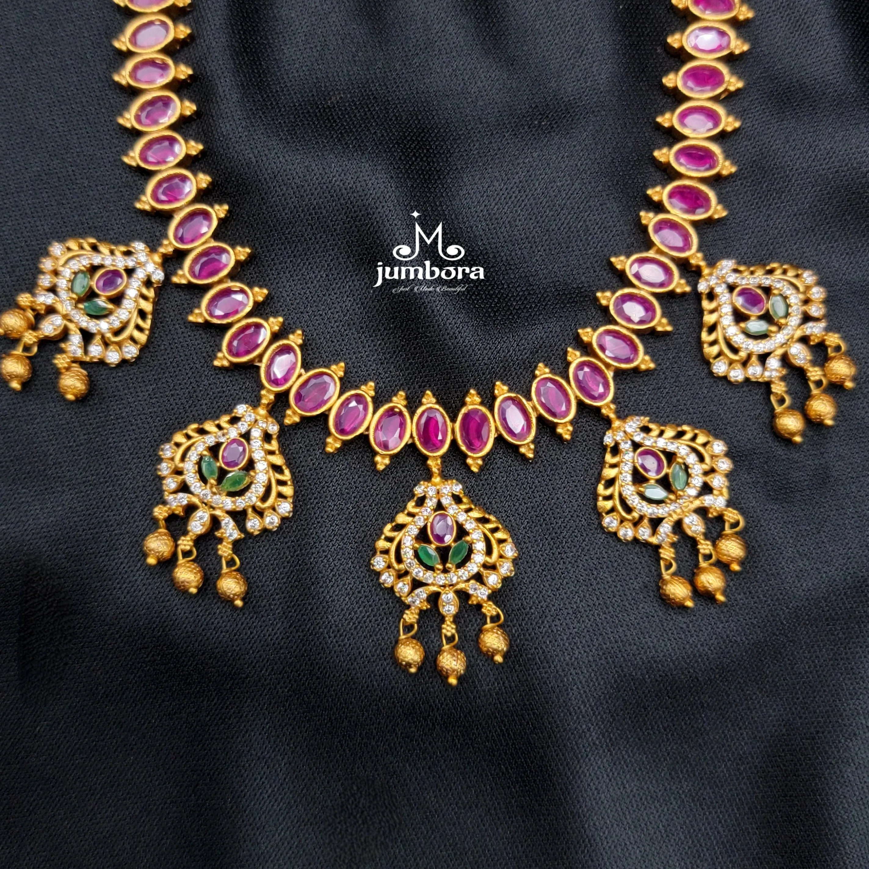 Ruby Red AD Zircon Matte Gold Medium Long Necklace Set
