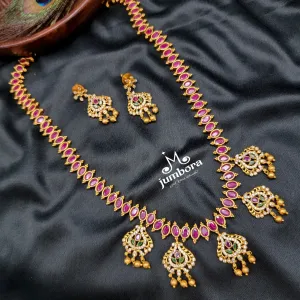 Ruby Red AD Zircon Matte Gold Medium Long Necklace Set