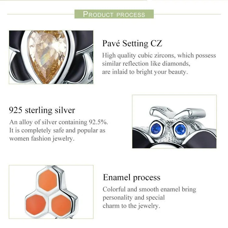 S925 Silver Cute Little Bee Charm Beads