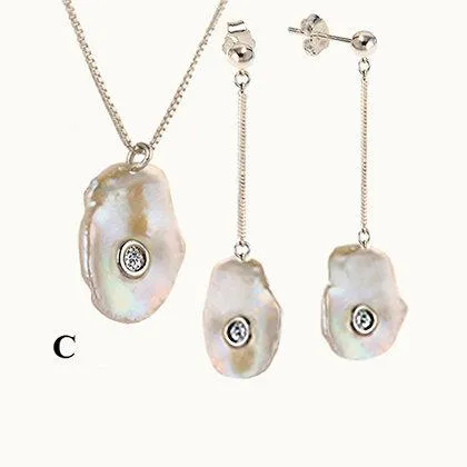 SeaShell 14k Gold Pearl & Diamond Elongated Set