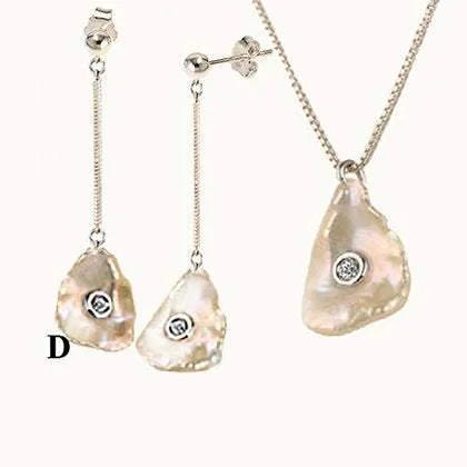 SeaShell 14k Gold Pearl & Diamond Elongated Set