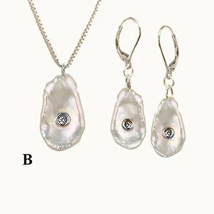 SeaShell 14k Gold Pearl & Diamond Elongated Set