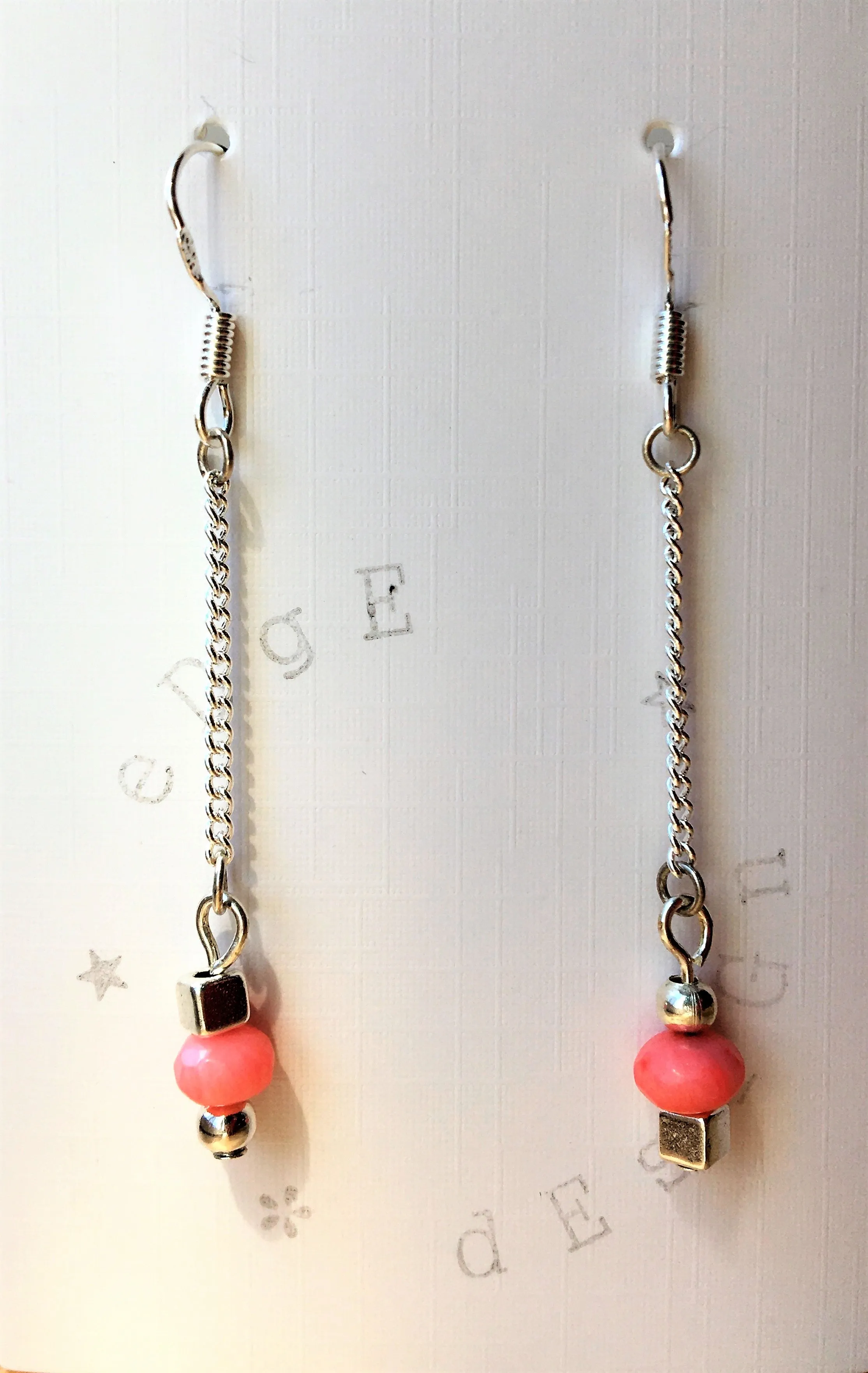 Silver Dangle Earrings - link chain with silver and Coral beads