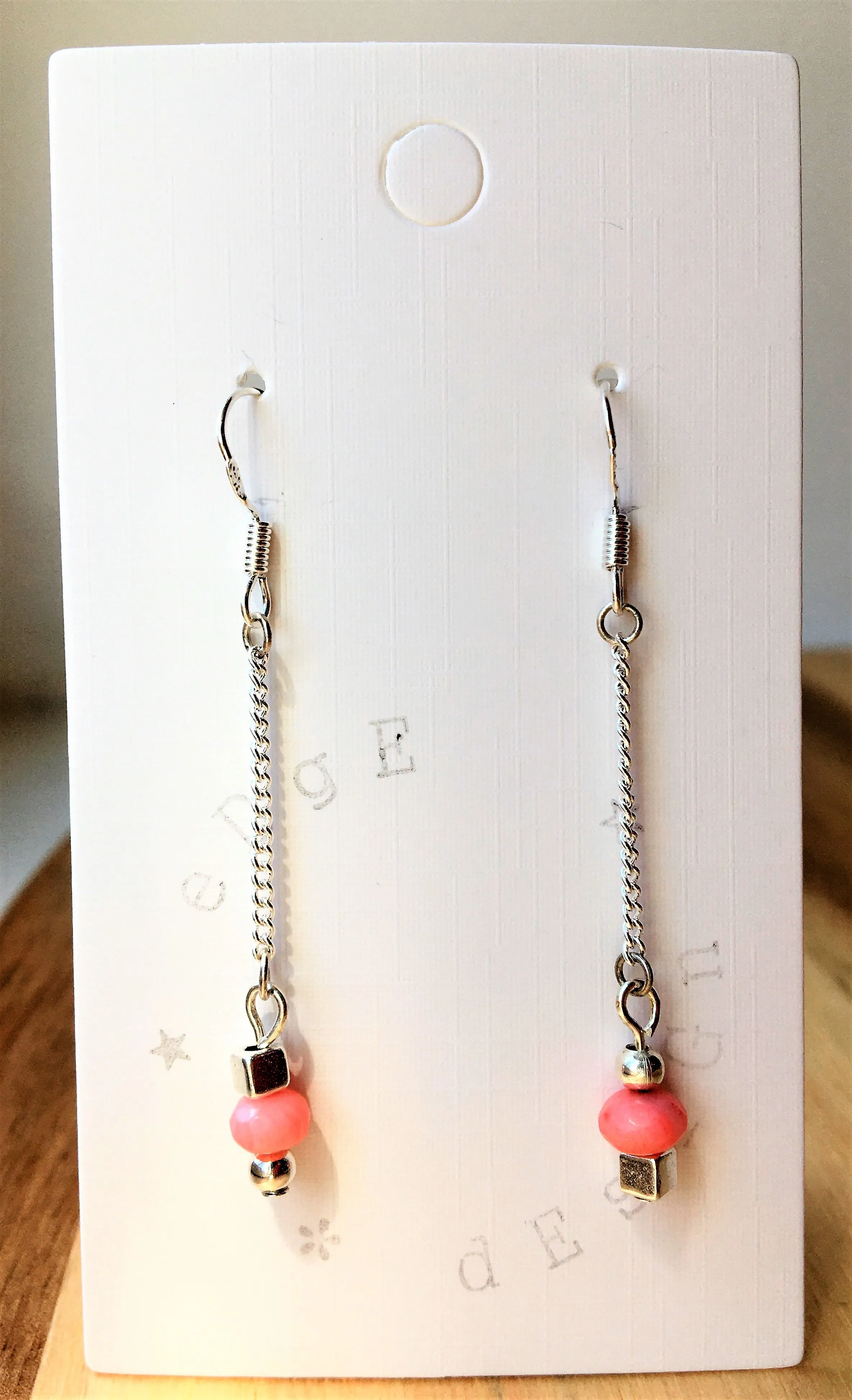Silver Dangle Earrings - link chain with silver and Coral beads