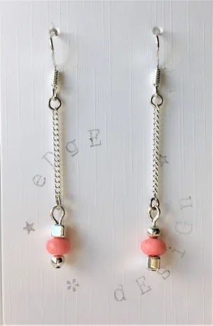 Silver Dangle Earrings - link chain with silver and Coral beads