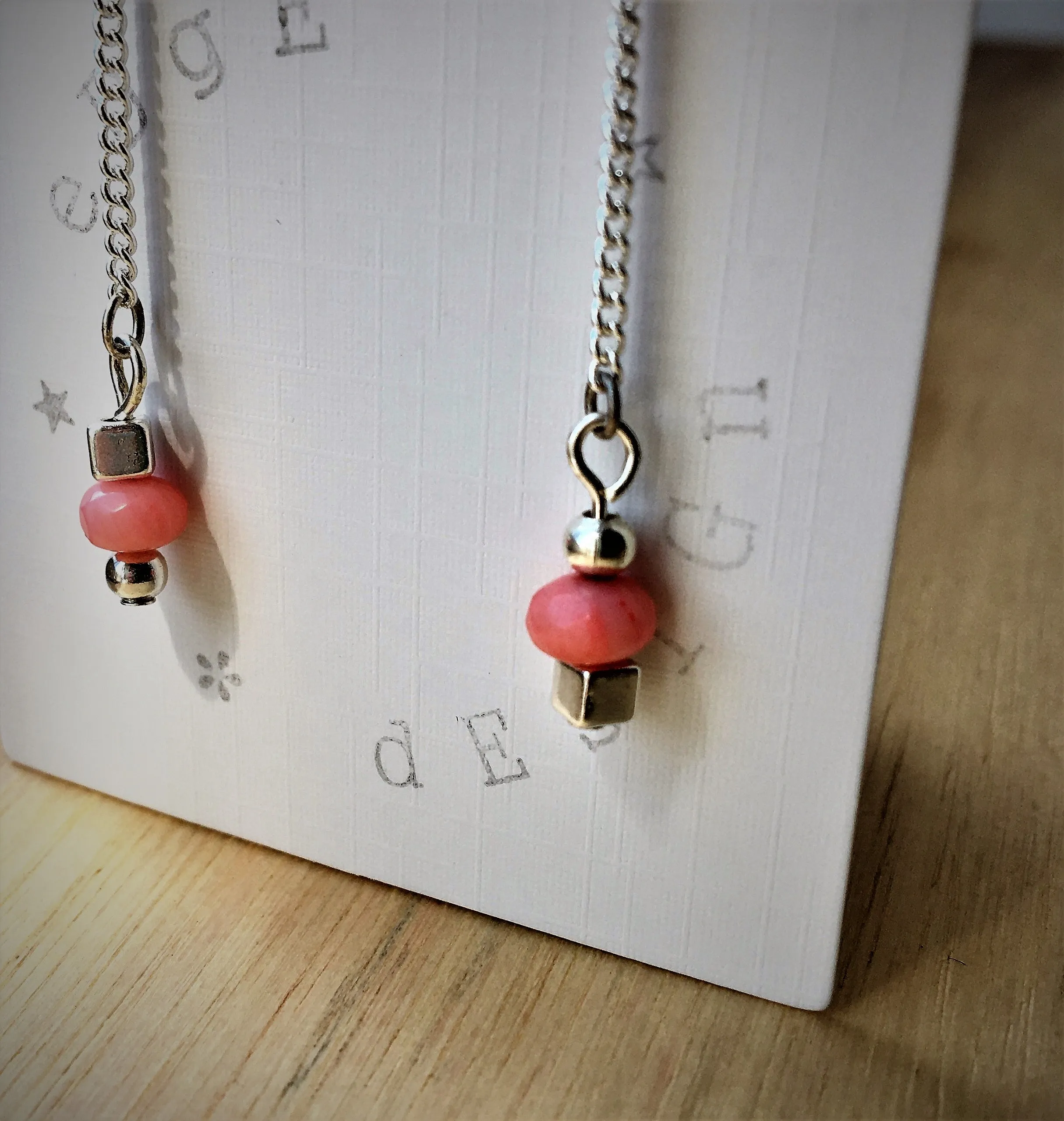 Silver Dangle Earrings - link chain with silver and Coral beads