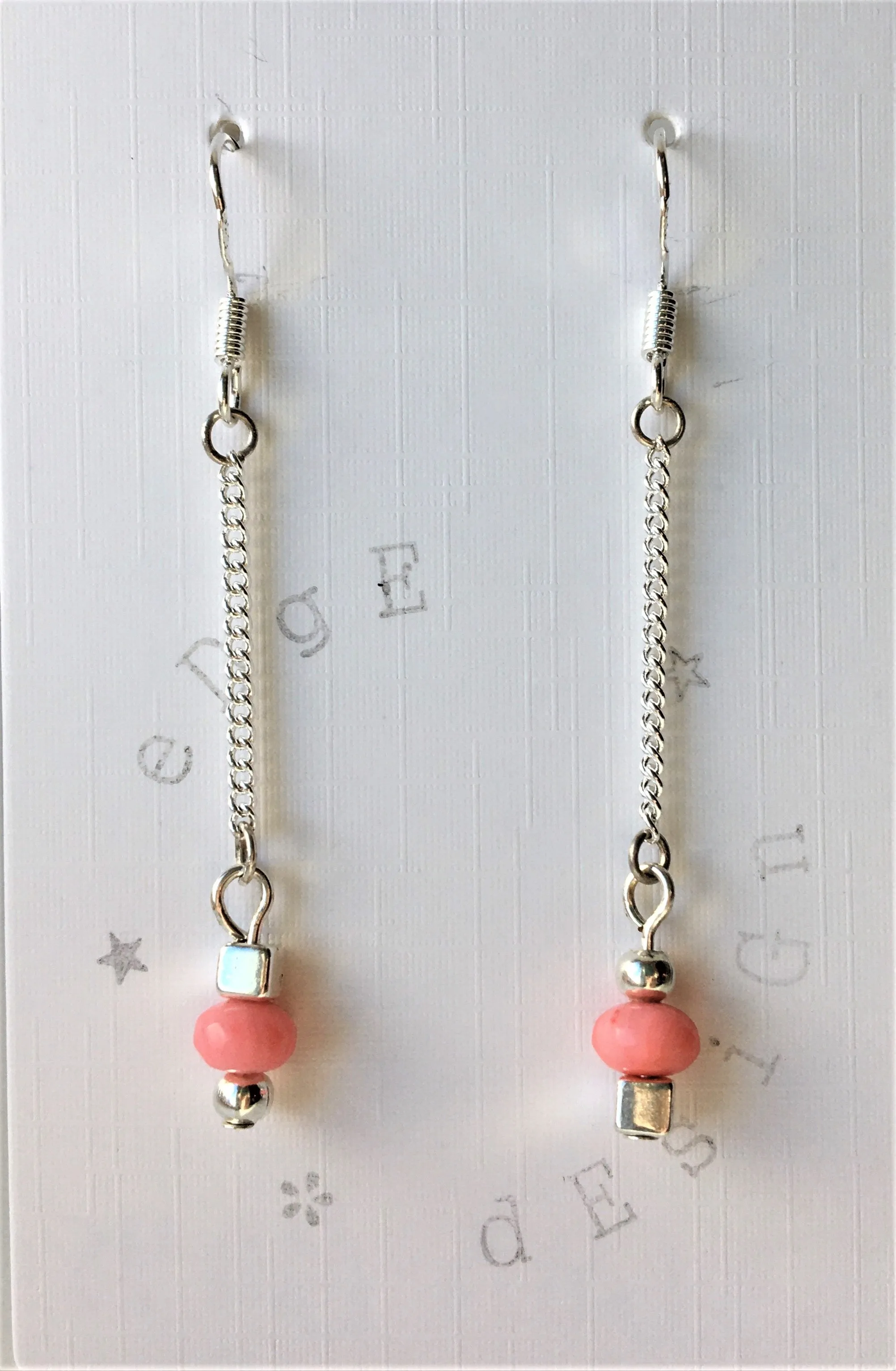 Silver Dangle Earrings - link chain with silver and Coral beads