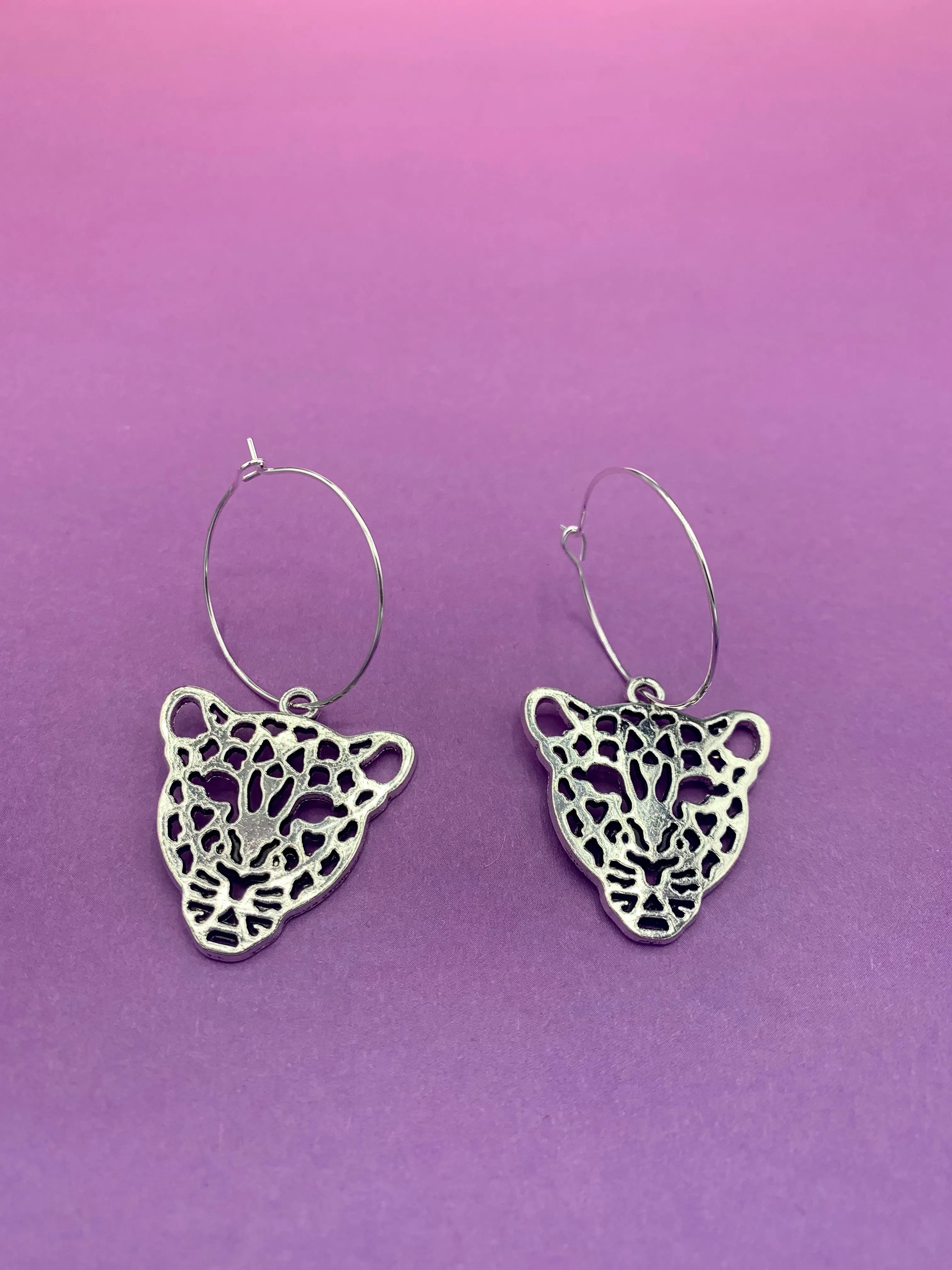 Silver Leopard Face Earrings