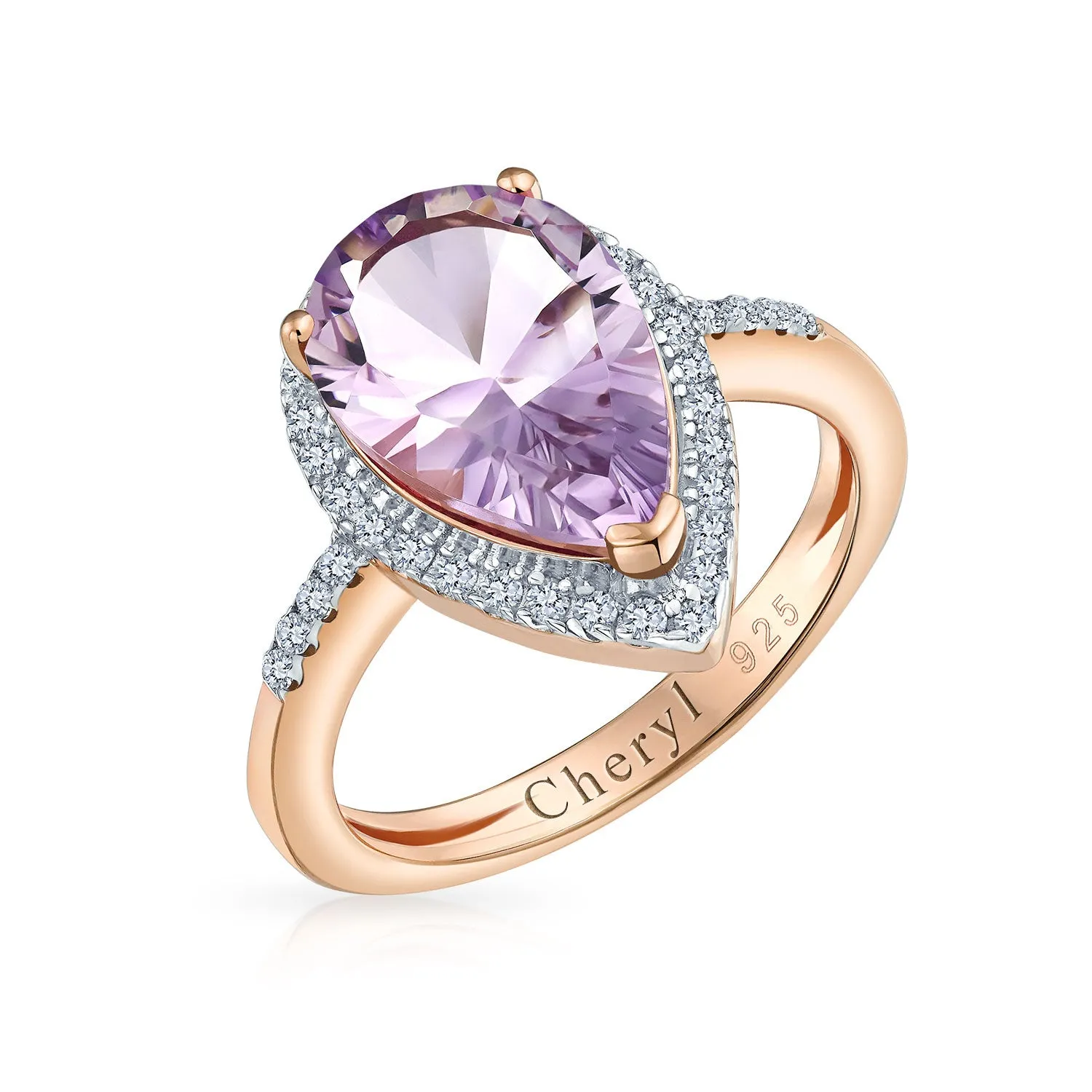 Silver Ring with 3.75CTW Zircon Pave Halo Pear Shape Gemstone in Rose Gold Overlay