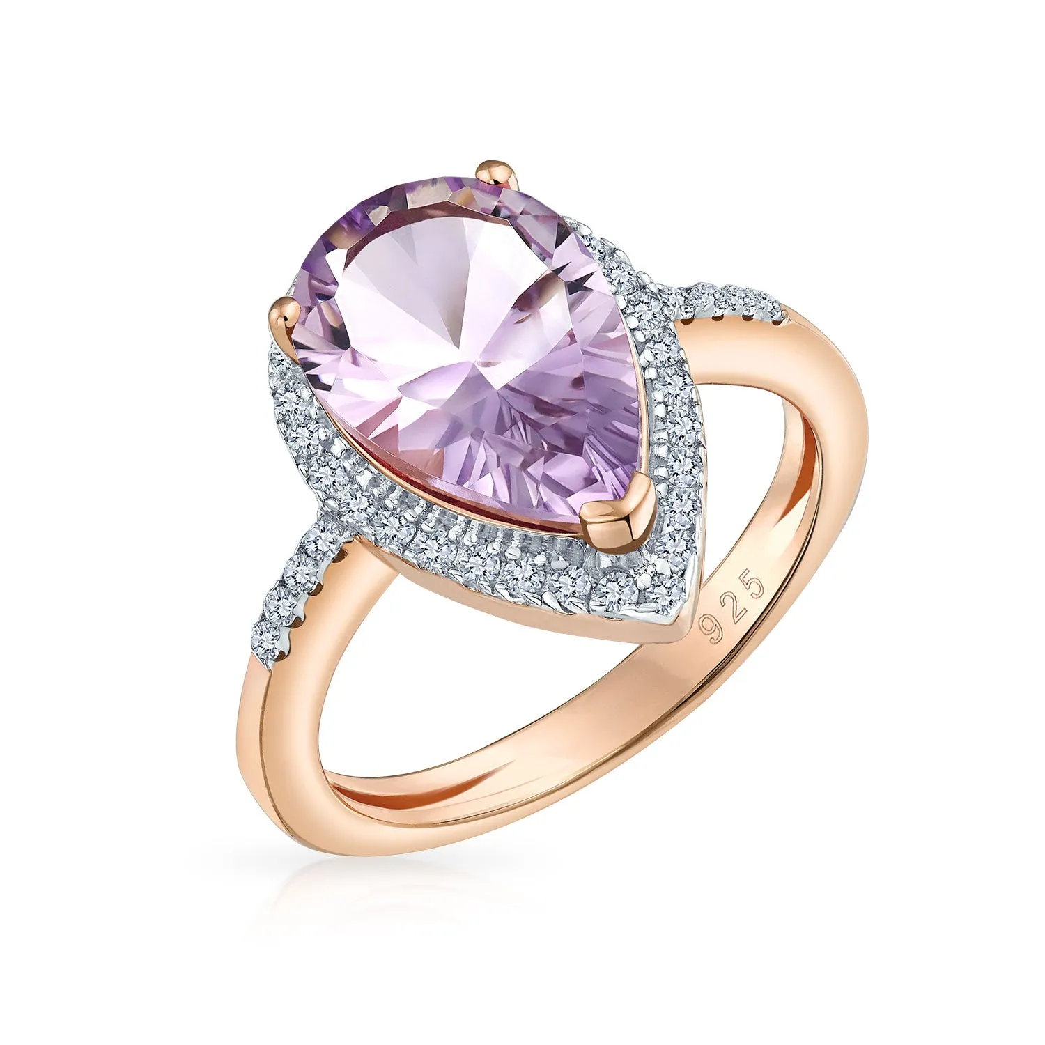 Silver Ring with 3.75CTW Zircon Pave Halo Pear Shape Gemstone in Rose Gold Overlay