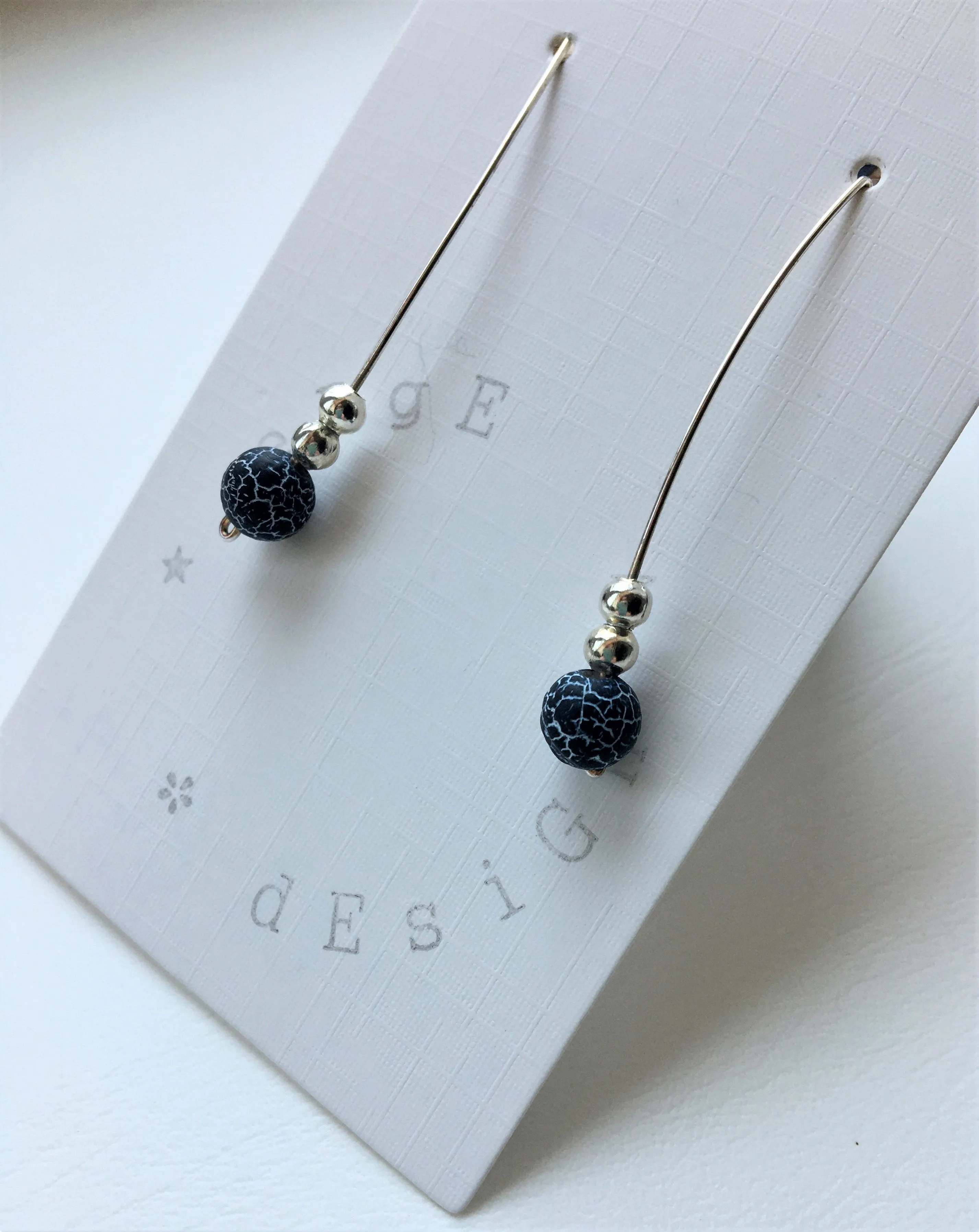Silver Wire Drop Earrings - Grey Frosted Agate and Silver beads