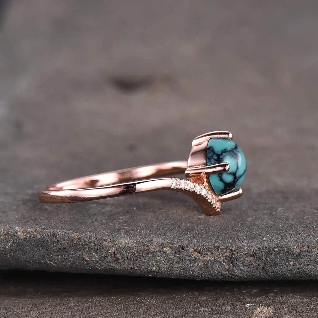 Simple Turquoise Engagement Ring Curved V Dianond  Band