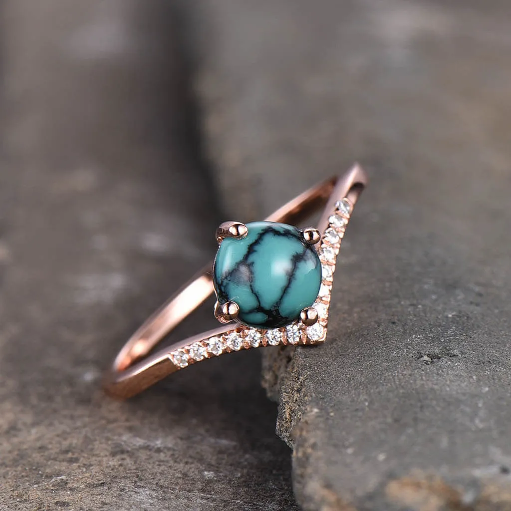 Simple Turquoise Engagement Ring Curved V Dianond  Band